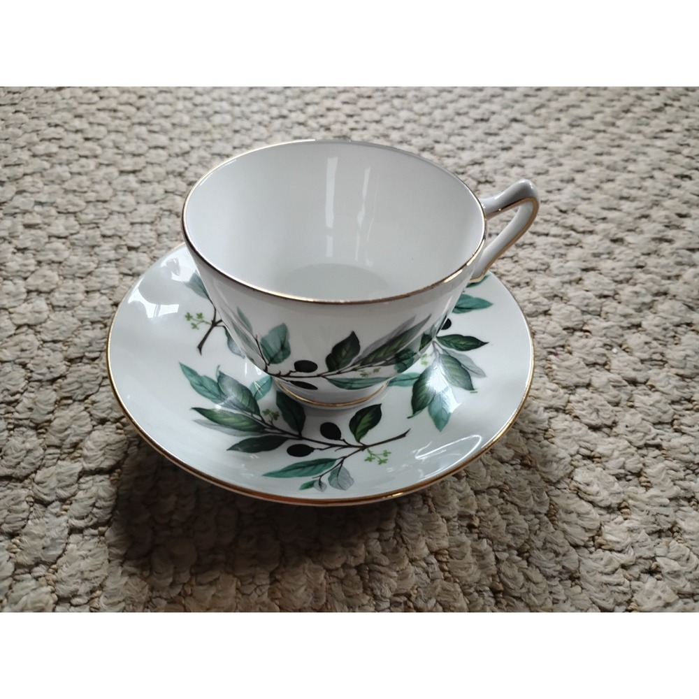 Vintage Staffordshire Gladstone Fine Bone China Teacup Saucer Olive Pattern...
